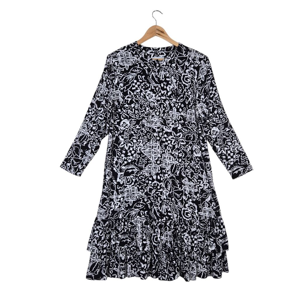 Vintage Midi Dress Black White Abstract Art To Wear Print Ruffle Hem Eclectic